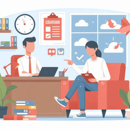Man and woman sitting on sofa in office with laptop. Flat vector illustration.のイラスト素材