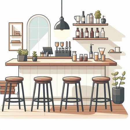 Interior of a bar with bar counter and chairs. Vector illustrationのイラスト素材