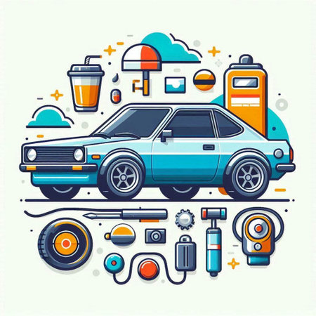 Vector illustration of car service and repair icons in line art style.のイラスト素材