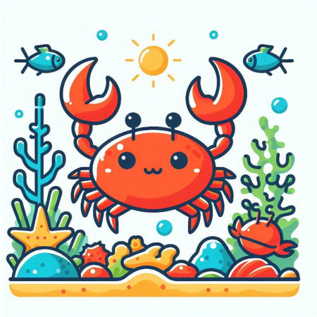 Cute cartoon crab on the seashore. Vector illustration.のイラスト素材