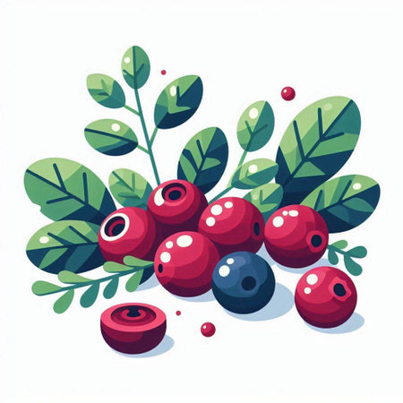Cranberry with green leaves and red berries. Vector illustration.のイラスト素材