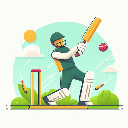 Cricket player batsman playing cricket. Flat design vector illustration.のイラスト素材