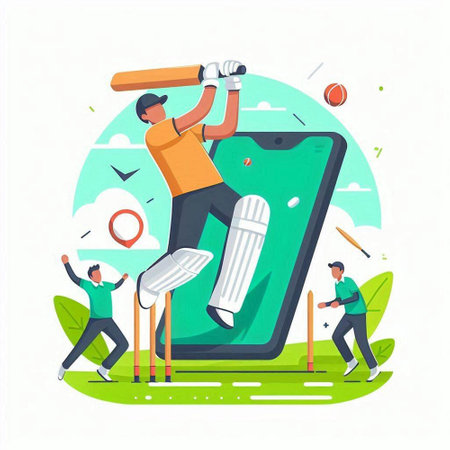 Cricket player playing cricket on smartphone screen. Flat vector illustration.のイラスト素材