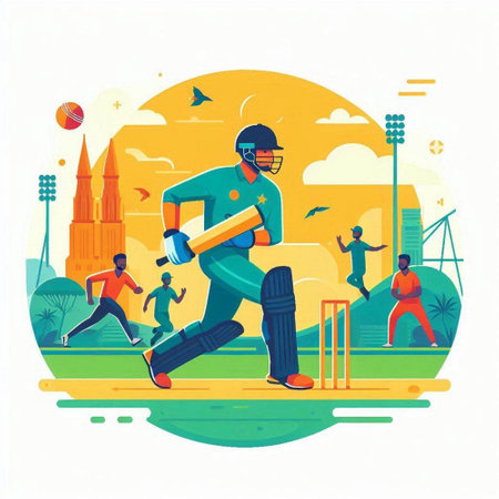 Cricket players playing cricket game. Flat vector illustration of cricket player in helmet with bat.のイラスト素材