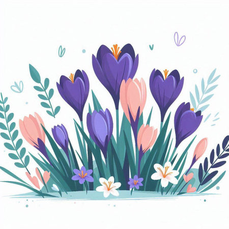 Spring background with crocuses and crocus flowers. Vector illustration.のイラスト素材