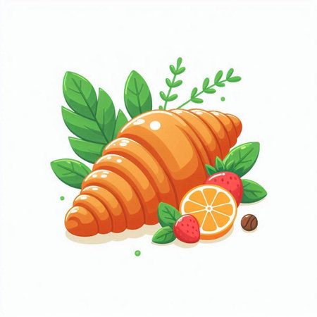 Croissant with mint leaves and orange on a white background.のイラスト素材