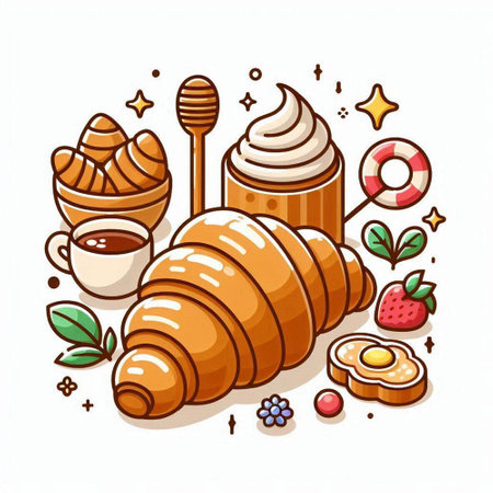 Coffee, croissant, ice cream and other sweets. Vector illustration.のイラスト素材