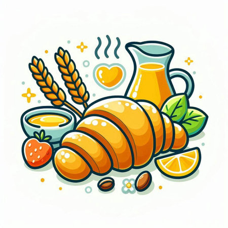 Coffee, croissant, orange, honey, nuts. Vector illustration.のイラスト素材