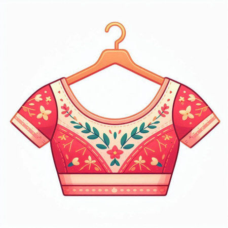 Red blouse with floral pattern on a hanger, vector illustrationのイラスト素材