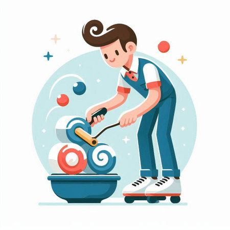 Cartoon vector illustration of a man in a blue overalls and with a roller.のイラスト素材