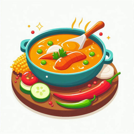 Seafood soup with shrimps, prawns and vegetables. Vector illustrationのイラスト素材