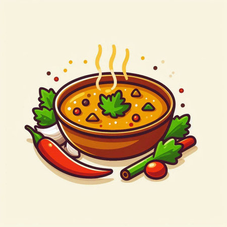 Bowl of spicy soup with herbs and spices. Vector illustration.のイラスト素材