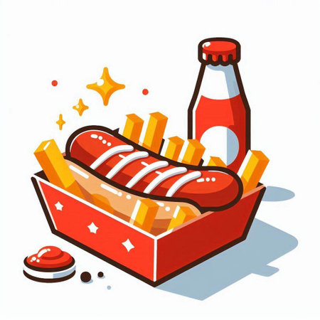 Sausage in a box. Fast food. Vector illustration.のイラスト素材
