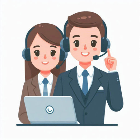 Business man and woman with headset and laptop. Vector illustration in a flat style.のイラスト素材