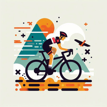 Cyclist riding bicycle in the mountains. Flat vector illustration.のイラスト素材