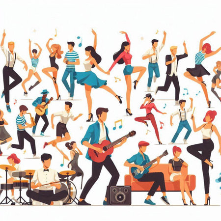 Vector illustration of a group of young people dancing, singing and playing musical instruments.のイラスト素材