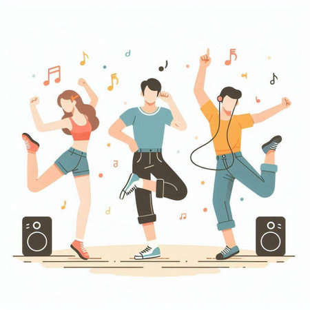 Vector illustration of a group of young people dancing and listening to music.のイラスト素材