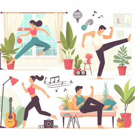 People practicing yoga in living room flat vector illustration set. Man and woman doing morning exercises at home.のイラスト素材
