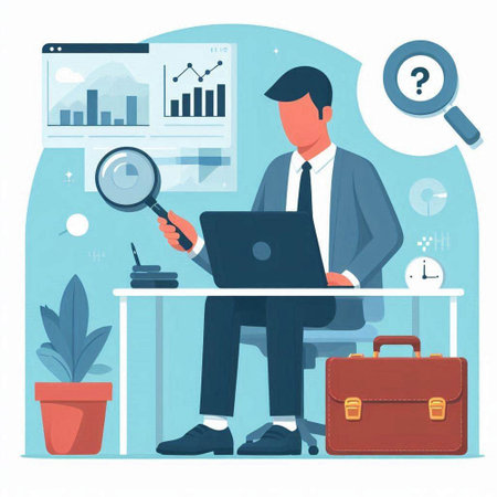 Businessman working on laptop in office. Vector illustration in flat styleのイラスト素材