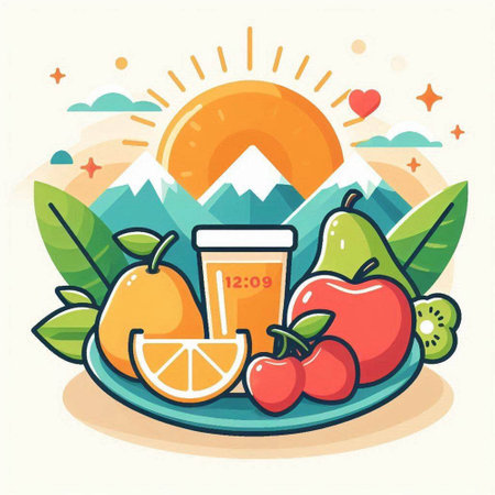 Vector illustration of fresh fruit and juice on a plate. Healthy lifestyle concept.のイラスト素材