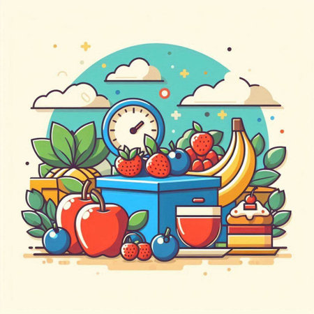 Vector illustration of healthy lifestyle concept with fruits and food. Colorful flat design.のイラスト素材