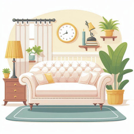 Living room interior with sofa, lamp and plant. Flat style vector illustration.のイラスト素材
