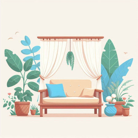 Living room interior with sofa and plants. Flat style vector illustration.のイラスト素材