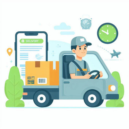 Delivery man in uniform is driving a truck with parcels. Vector illustrationのイラスト素材