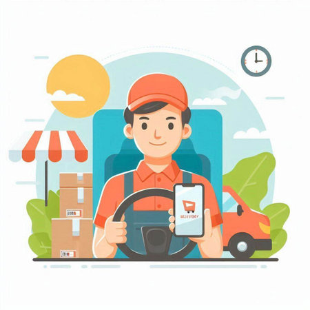 Courier with smartphone in hand. Delivery service. Vector illustrationのイラスト素材