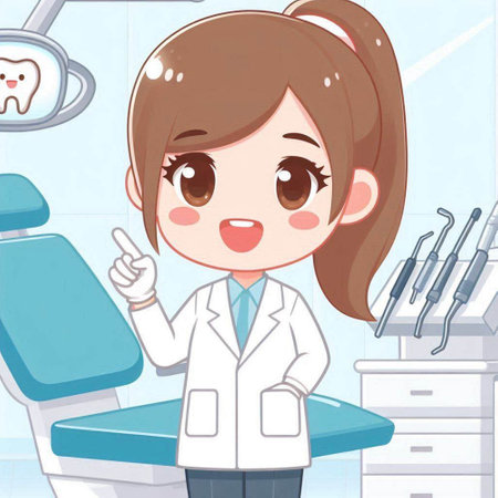 Young female dentist in dental office. Vector illustration of cartoon style.のイラスト素材