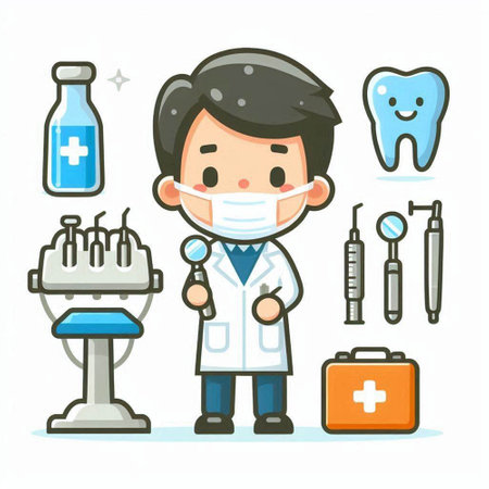 Cartoon dentist with dental tools. Dentistry concept. Vector illustration.のイラスト素材