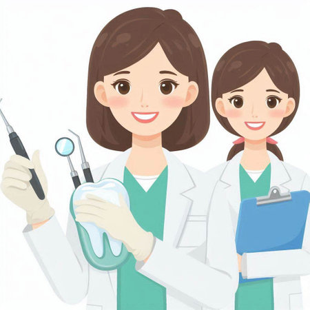 Dentist woman and dentist woman with dental tools. Vector illustration.のイラスト素材