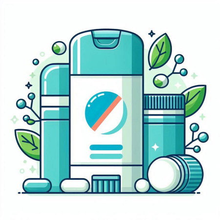 Cosmetic bottle with green leaves. Vector illustration in flat style.のイラスト素材