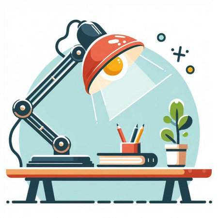 Vector illustration of working table with lamp and books in flat style.のイラスト素材