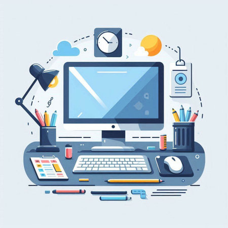 Workplace with computer and office supplies. Flat design vector illustration.のイラスト素材