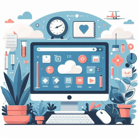 Flat design modern vector illustration concept of cloud computing, cloud computing, social media, digital marketing, internet advertising.のイラスト素材