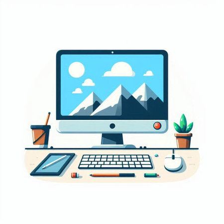 Workplace with computer, coffee cup and mountains. Flat style vector illustration.のイラスト素材