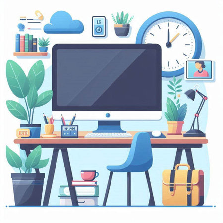 Workplace with computer. Workplace with computer, table, chair, lamp, coffee cup, alarm clock and plants. Flat vector illustrationのイラスト素材