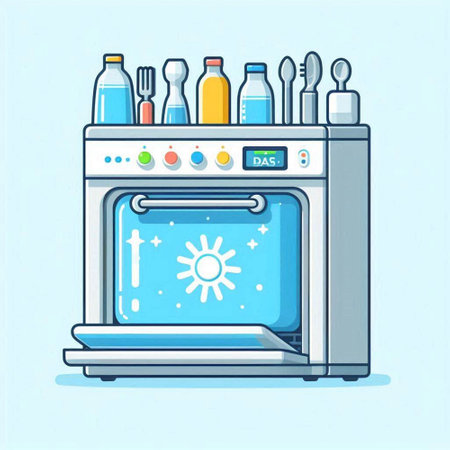 Illustration of a modern electric oven with cleaning products on a blue backgroundのイラスト素材