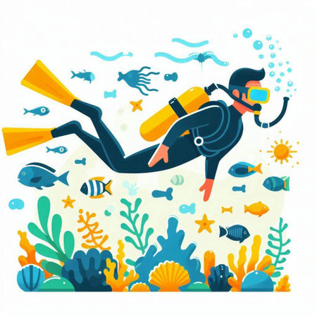 Scuba diving vector illustration. Cartoon scuba diver in the sea.のイラスト素材