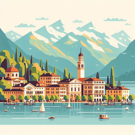 Landscape of Lake Garda, Italy. Vector illustration in retro styleのイラスト素材