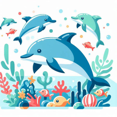 Illustration of cute cartoon dolphins swimming in the sea. Vector illustration.のイラスト素材