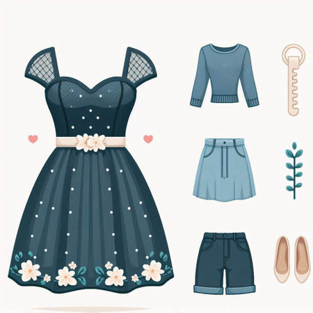 Vector set of clothes and accessories for girls. Dress, skirt, shoes.のイラスト素材