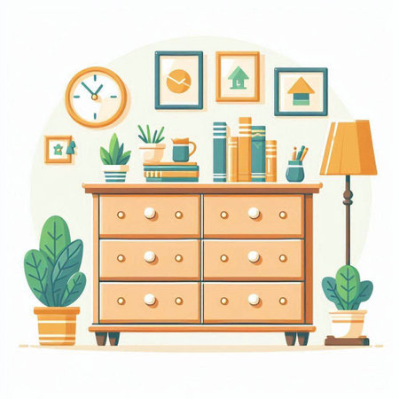 Cabinet with books and accessories. Vector illustration in flat styleのイラスト素材
