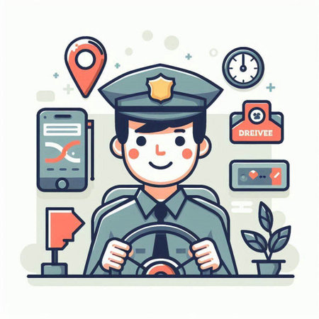 Policeman with the steering wheel. Vector illustration in flat styleのイラスト素材