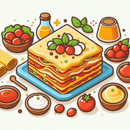 Illustration of a Stack of Homemade lasagna with fresh strawberries.のイラスト素材