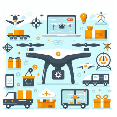 Drone delivery service, online order, logistics and transportation. Vector illustrationのイラスト素材