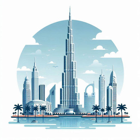Dubai skyline with skyscrapers and palm trees, vector illustrationのイラスト素材
