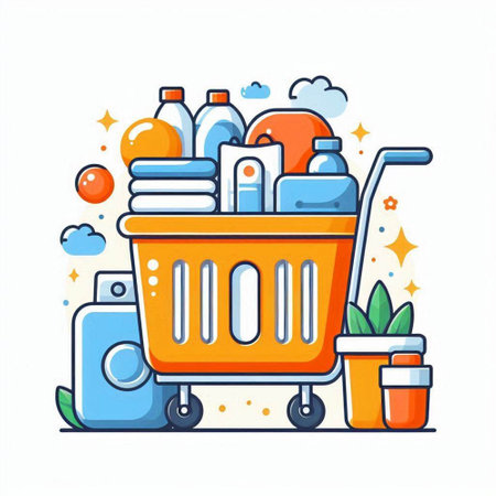 Shopping cart with detergents and household items, flat vector illustration.のイラスト素材