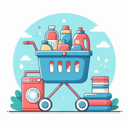 Shopping cart full of cleaning products. Vector illustration in cartoon styleのイラスト素材